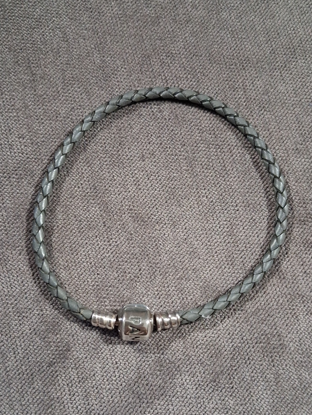 Pandora Grey Braided Leather Single 925 Sterling Silver Bracelet 8" VG+ ALE